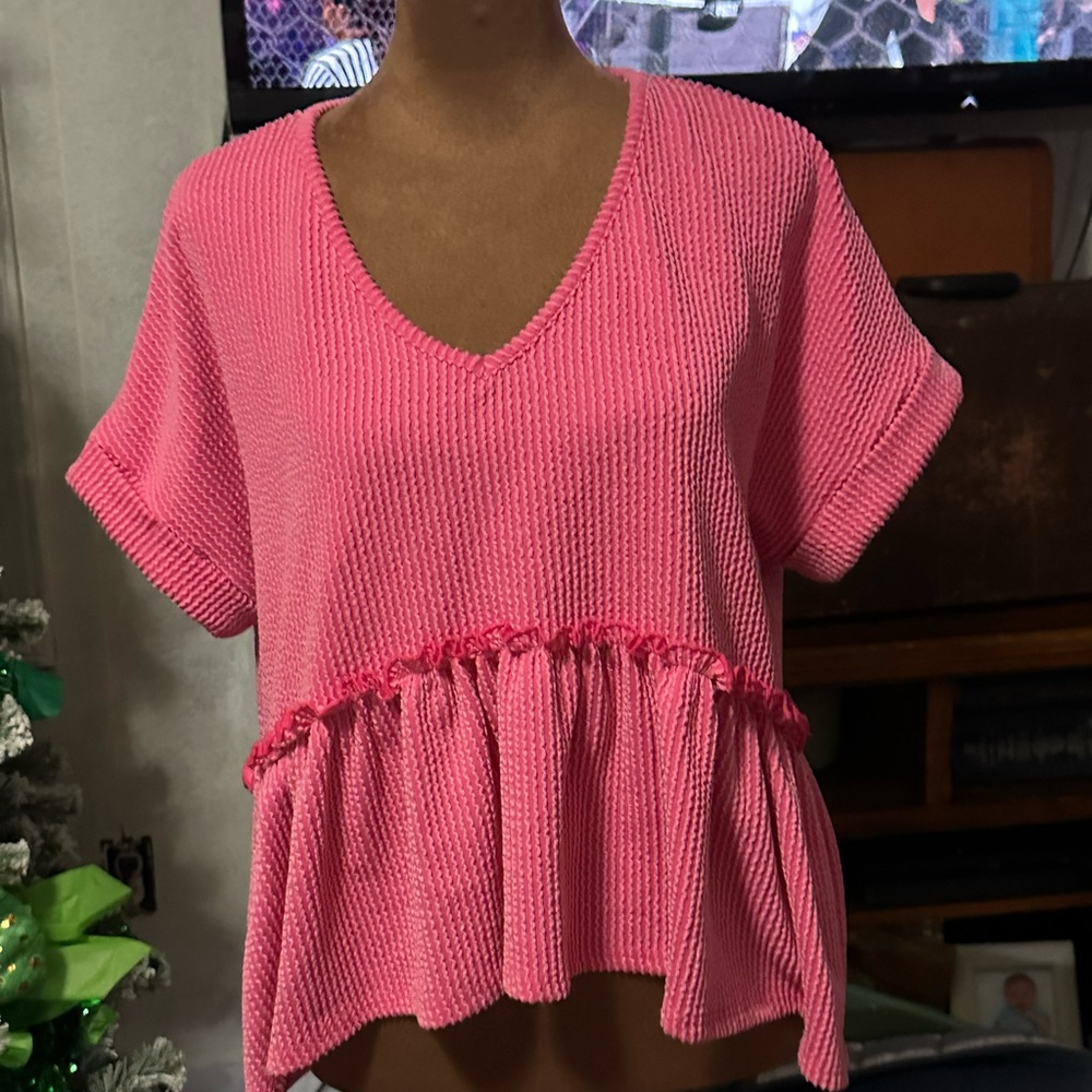 Jolie Pink Textured V-Neck Blouse